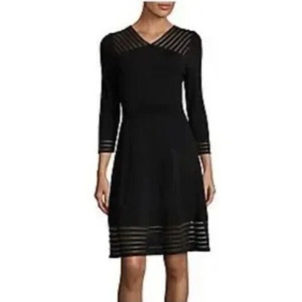 Calvin Klein A Line Mesh Trim Dress XL Black Long Sleeve Stretch NEW